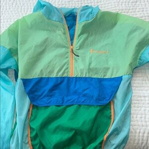 Cotopaxi Blue and Green Raincoat Lightweight Hooded Design